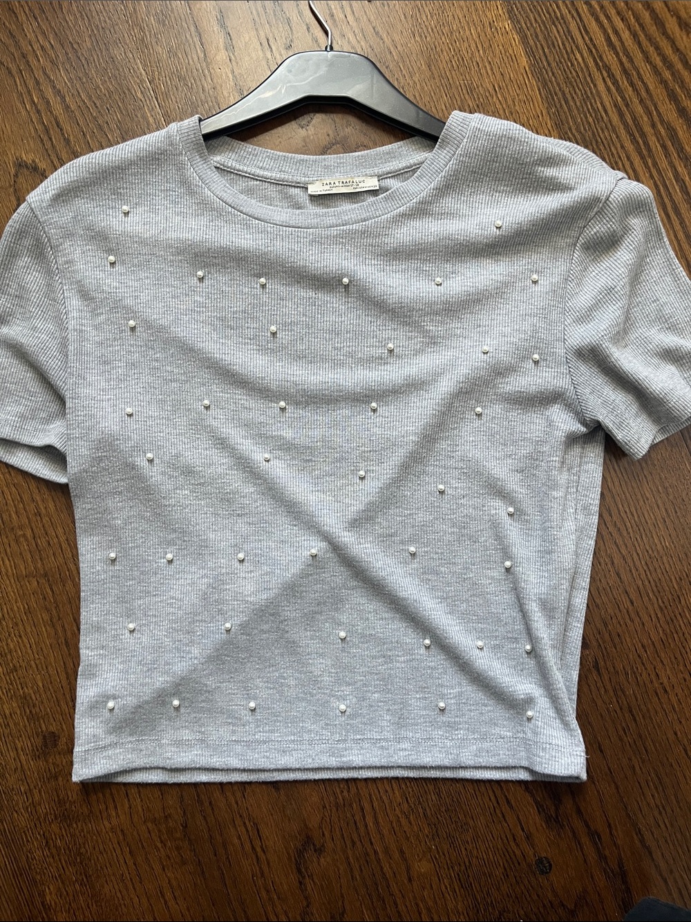 Zara Light Gray Pearl-Detail Short Sleeve Tee
